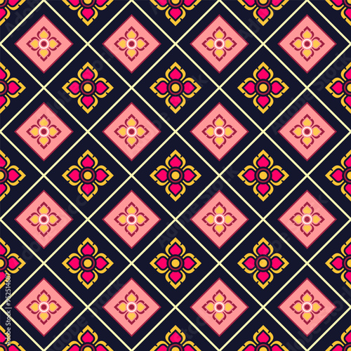 Wallpaper Mural Elegant floral geometric pattern. Seamless  fabric wallpaper. Vibrant pink, red, yellow on dark.Thai-inspired motif. Luxury pattern for fashion. flower in diamond grid. Stylish ethnic textile pattern. Torontodigital.ca
