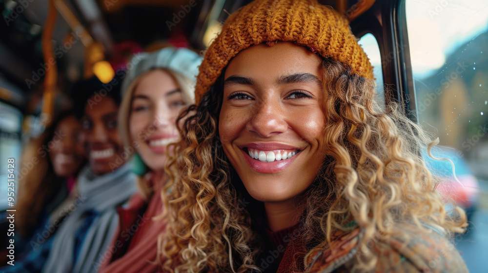 A young cheerful woman with her friends is traveling on a city bus. Comfortable and affordable urban transport concept. A young cheerful woman with her friends is traveling on a city bus. Comfortable and affordable urban transport concept.