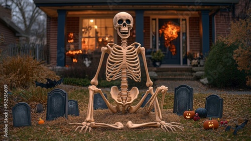 A sitting skeleton displayed in a front yard among tombstones and pumpkins, creating a spooky Halloween atmosphere. photo