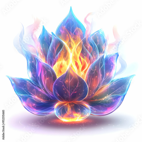 Flat Holographic Lotus and Flame with Purity Text concept as A serene photo featuring a glowing holographic lotus and flame symbolizing purity and spiritual cleansing during Dussehra. The design inclu