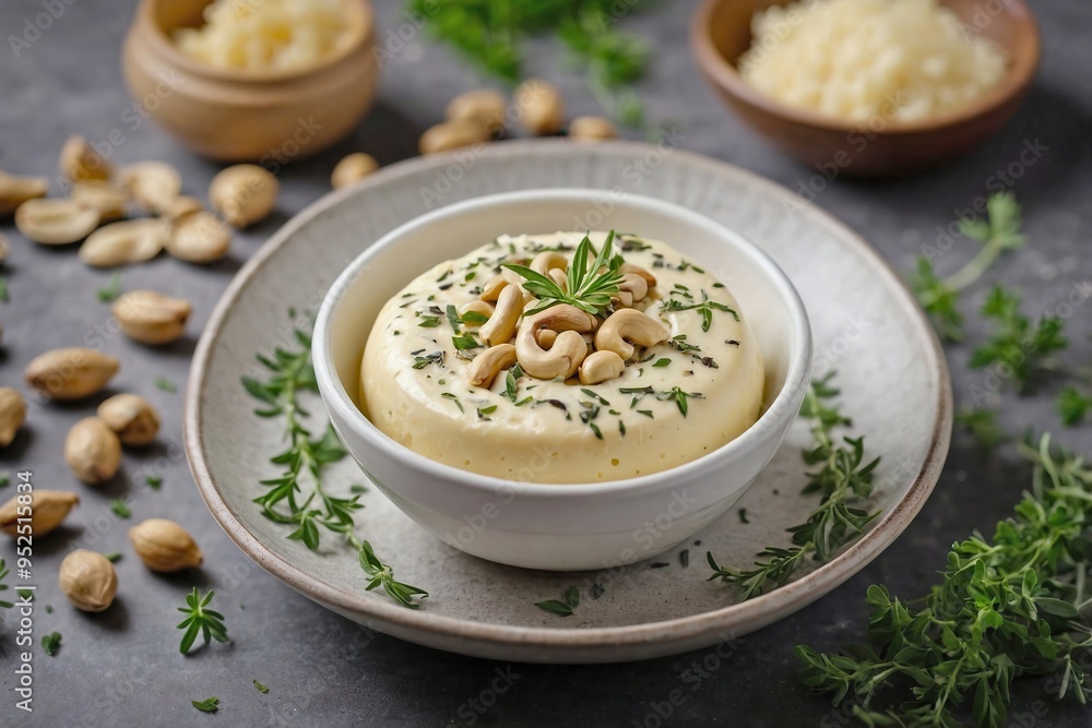 Cashew Cheese: Overhead view of a small white dish with a scoop of creamy cashew cheese, garnished with a sprinkle of herbs and a drizzle of olive oil Cashew Cheese: Overhead view of a small white dish with a scoop of creamy cashew cheese, garnished with a sprinkle of herbs and a drizzle of olive oil