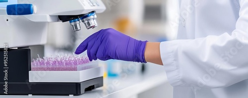 Scientist using a spectrophotometer to analyze cell culture samples, data analysis, biological research photo