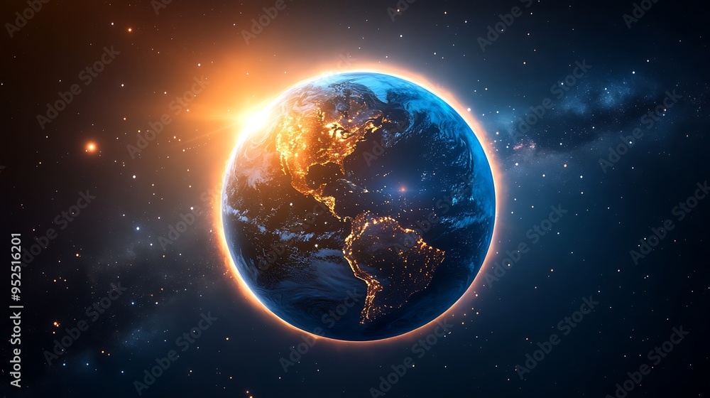 Obraz premium Cosmic Oceanic Currents: Glowing Earth Atmosphere with Distant Stars and Vivid Lighting