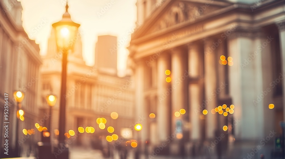 Fototapeta premium A blurred cityscape at sunset with warm lights and architectural buildings.