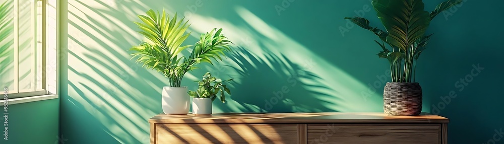 Green Wall with Plants and Wooden Cabinet - Realistic Image Green Wall with Plants and Wooden Cabinet - Realistic Image