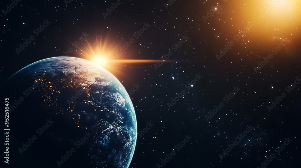 Obraz premium Celestial Glow: Earth Surrounded by Sun Rays in Space