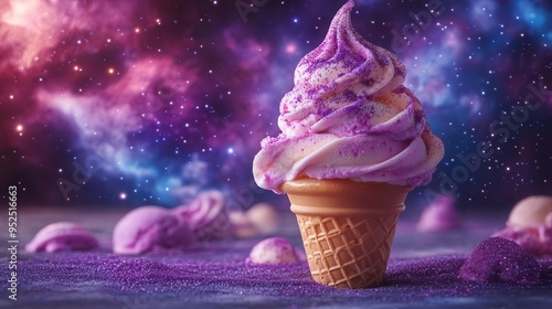 levitating galaxythemed ice cream cone against deep space background swirling cosmic flavors sparkling stardust toppings mesmerizing and surreal photo