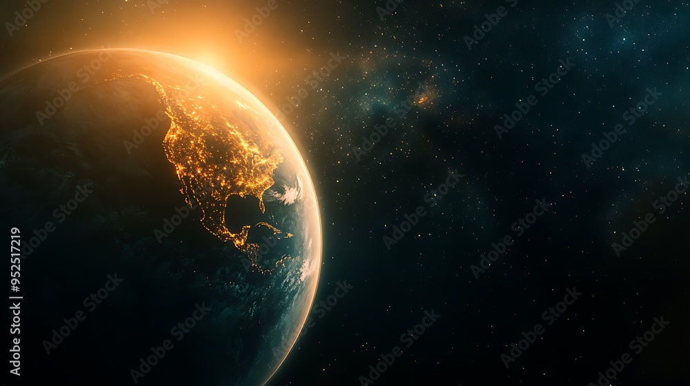 Obraz premium Earth in Soft Glow: Partially Shadowed Continent, Glowing Atmosphere, Distant Stars Illuminating in Soft Light