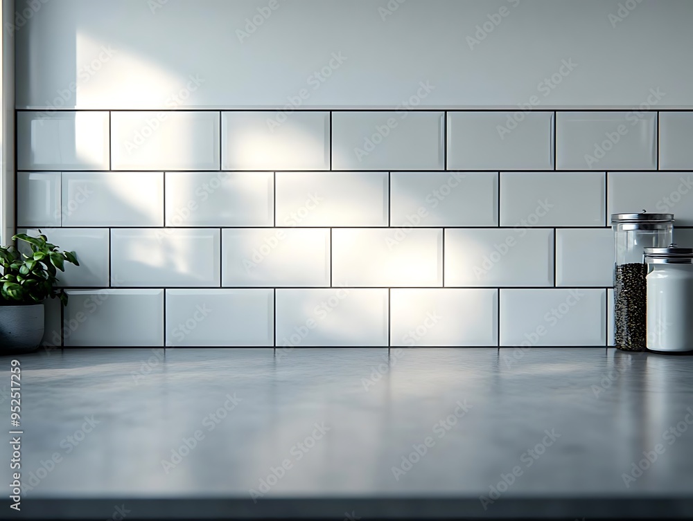 Minimalist White Kitchen Backsplash with Grey Countertop - 3D Illustration Minimalist White Kitchen Backsplash with Grey Countertop - 3D Illustration