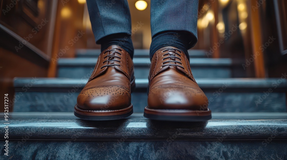 lowangle view of determined businessmans polished shoes ascending office staircase conveying ambition and progress lowangle view of determined businessmans polished shoes ascending office staircase conveying ambition and progress