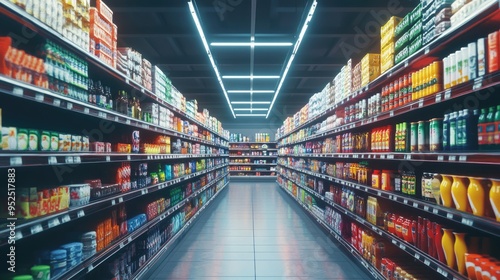 Supermarket heaven with a wide assortment of products lining the shelves in a well-lit aisle. Perfect for retail and consumer visuals