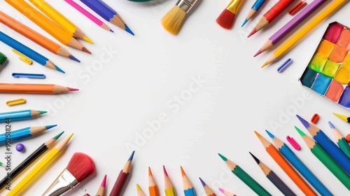 A colorful background with pencils, paintbrushes and other school supplies arranged in the shape of an oval on white paper. The space in the middle is blank for text or design elements