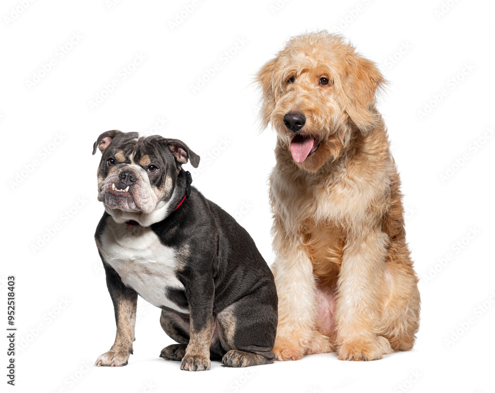 Obraz premium Goldendoodle and french bulldog sitting side by side, their expressions curious and engaged
