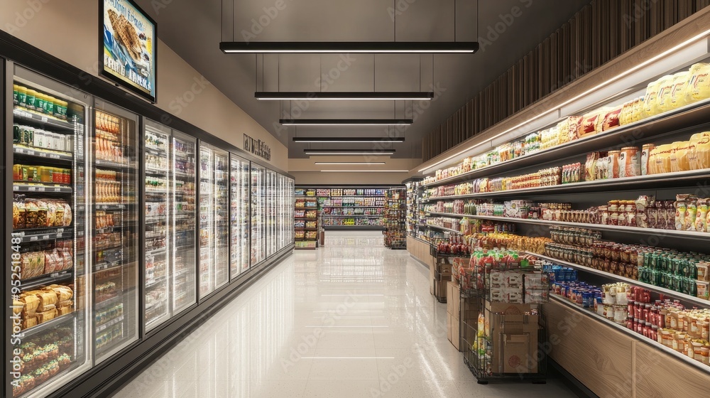 Supermarket's large refrigerated section, filled with a variety of goods in a bright and inviting aisle. Ideal for retail and food industry visuals Supermarket's large refrigerated section, filled with a variety of goods in a bright and inviting aisle. Ideal for retail and food industry visuals