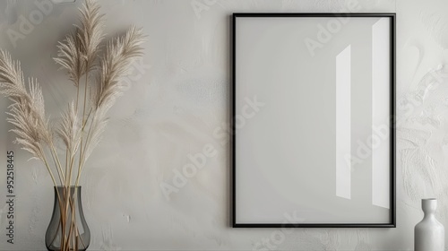 A large black picture frame with blank white paper placeholder forr any text or image, which is hanging on the wall of an elegant home office space photo