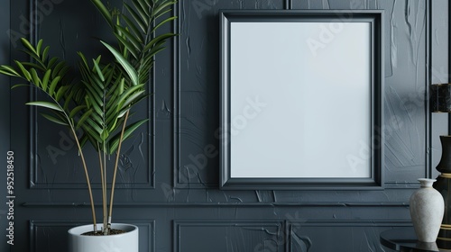 A large black picture frame with blank white paper placeholder forr any text or image, which is hanging on the wall of an elegant home office space photo