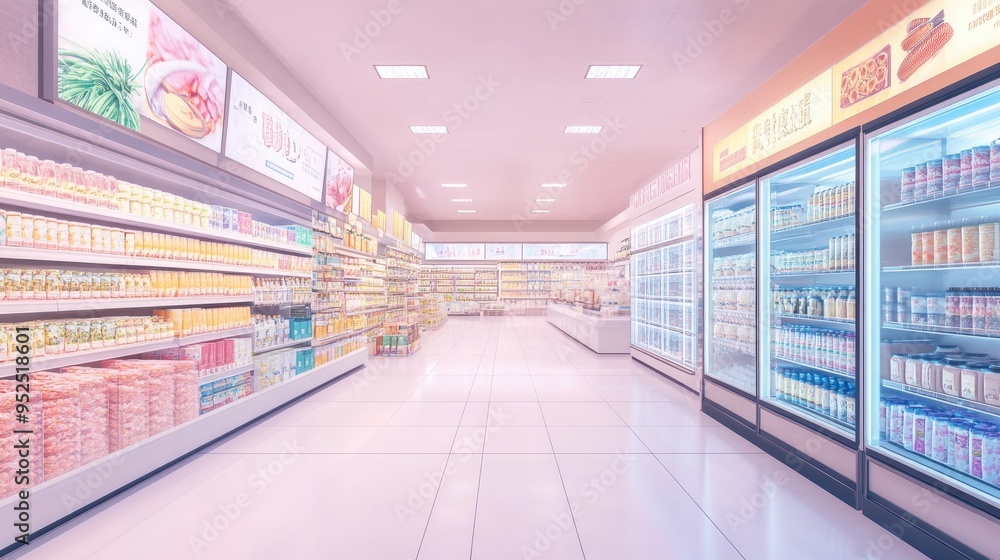 Supermarket's large refrigerated section, filled with a variety of goods in a bright and inviting aisle. Ideal for retail and food industry visuals Supermarket's large refrigerated section, filled with a variety of goods in a bright and inviting aisle. Ideal for retail and food industry visuals