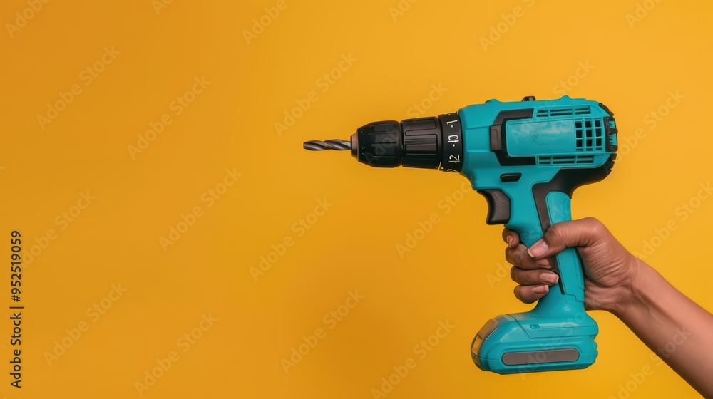 Hand holding a teal colored drill on a yellow background, with s lot of empty space as a placeholder for any text Hand holding a teal colored drill on a yellow background, with s lot of empty space as a placeholder for any text