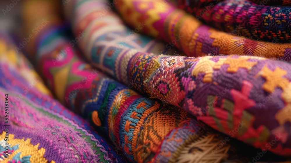 Close-up of colorful Mexican hand-embroidered fabric, showcasing intricate patterns and textures in vibrant colors, with detailed focus on the embroidery stitches and traditional Aztec designs Close-up of colorful Mexican hand-embroidered fabric, showcasing intricate patterns and textures in vibrant colors, with detailed focus on the embroidery stitches and traditional Aztec designs