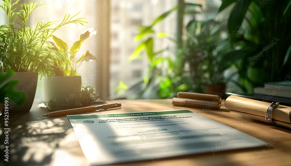close-up of green energy investment certificate surrounded by eco-friendly office supplies in natural light setting