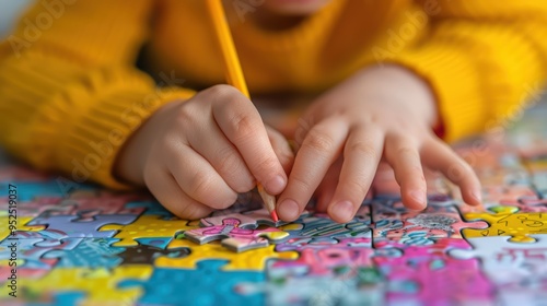 Close-up of child's hands drawing with a pencil on top of the colorful puzzle