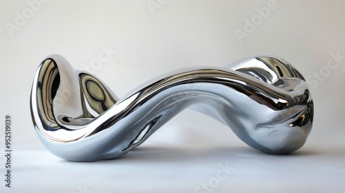 A contemporary fluid chrome sculpture with a shiny, reflective metallic finish, showcasing modern art and design.