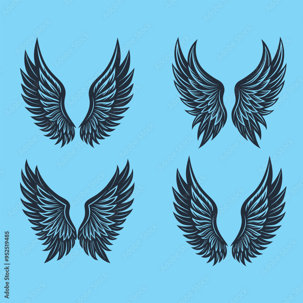 Elegant Wing Vector Design | Set of 4 Unique Black Wing Illustrations on Blue Background Elegant Wing Vector Design | Set of 4 Unique Black Wing Illustrations on Blue Background