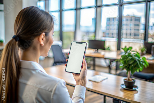 mockup, young woman using phone with white screen, back view