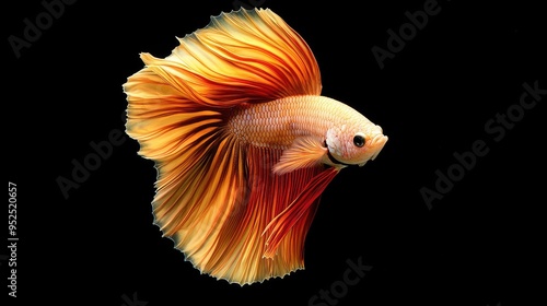 The mesmerizing moment of a yellow and red half-moon Siamese Betta fish, also known as Pla-kad or big ear fish