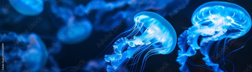 Obraz premium A captivating underwater scene featuring glowing jellyfish in various sizes, showcasing their ethereal beauty and mesmerizing movement.