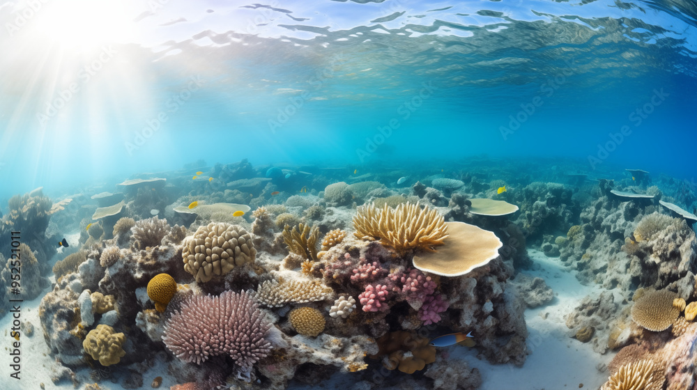Sunlit Coral Reef with Diverse Marine Life Beneath Clear Waters Sunlit Coral Reef with Diverse Marine Life Beneath Clear Waters