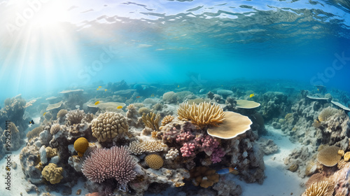 Sunlit Coral Reef with Diverse Marine Life Beneath Clear Waters