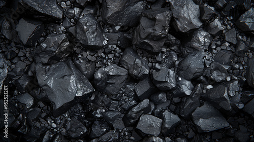 Close-up of dark black coal rocks in various sizes, showcasing textured and shiny surfaces. The scene appears natural with strong contrasts and rugged textures.