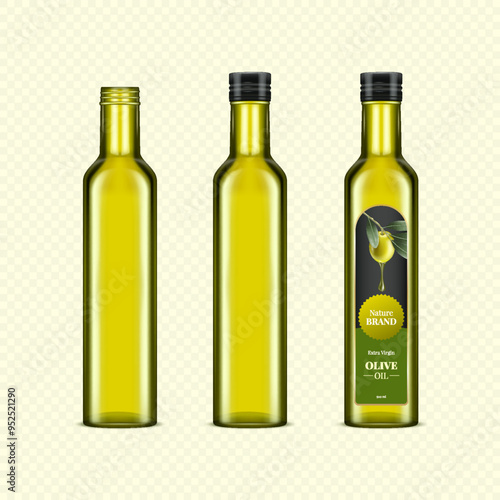 Vector realistic set of olive oil glass bottle. Organic extra virgin olive oil bottle with label. Package mockup design element.