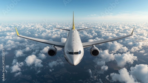 Airplane Flying Above Cloudscape with Blue Sky