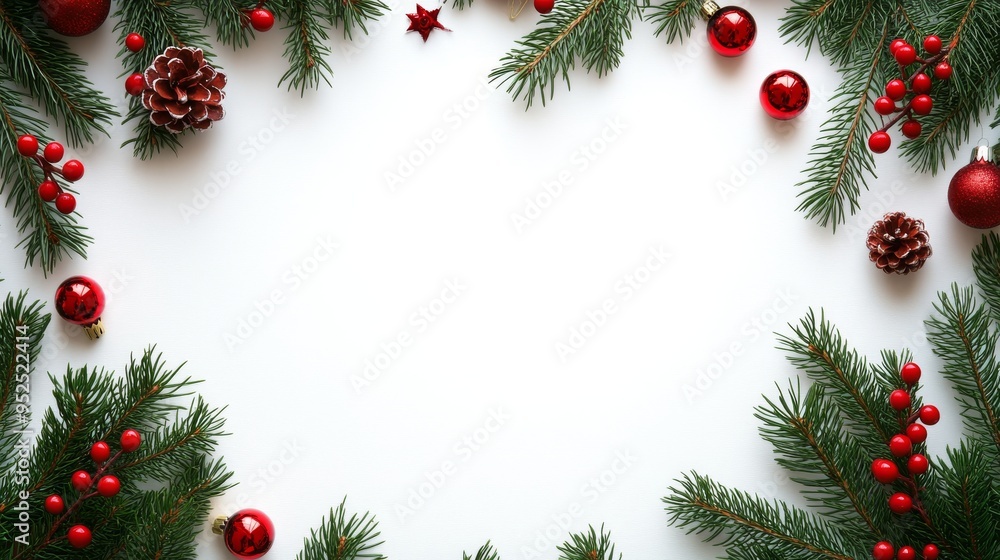 Christmas Tree Branches Frame With Red Ornaments and Berries Christmas Tree Branches Frame With Red Ornaments and Berries