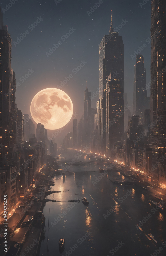 Fototapeta premium Giant Moon Over a Misty Urban Nightscape with Skyscrapers