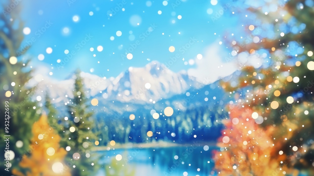 A serene landscape featuring mountains, a lake, and colorful trees, enhanced by a dreamy bokeh effect. A serene landscape featuring mountains, a lake, and colorful trees, enhanced by a dreamy bokeh effect.