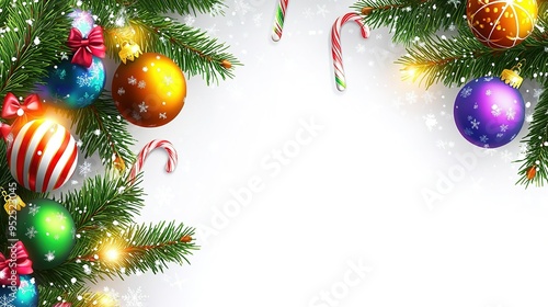 Festive holiday decorations featuring colorful ornaments and candy canes among evergreen branches on a bright winter background photo