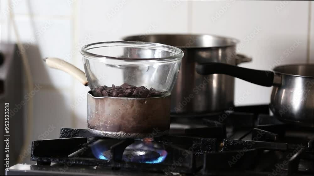 Chocolate solids melting in a glass bowl over a heavy duty pan on professional industrial kitchen stove Chocolate solids melting in a glass bowl over a heavy duty pan on professional industrial kitchen stove