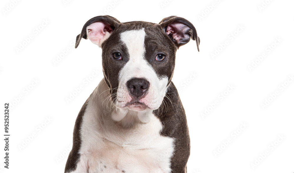 Head shot of a Adorable young american staffordshire terrier puppy dog is posing on white background Head shot of a Adorable young american staffordshire terrier puppy dog is posing on white background