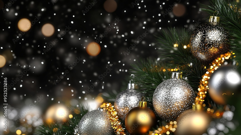 Decorative Christmas ornaments in silver and gold resting on a festive tree with falling snowflakes at night Decorative Christmas ornaments in silver and gold resting on a festive tree with falling snowflakes at night