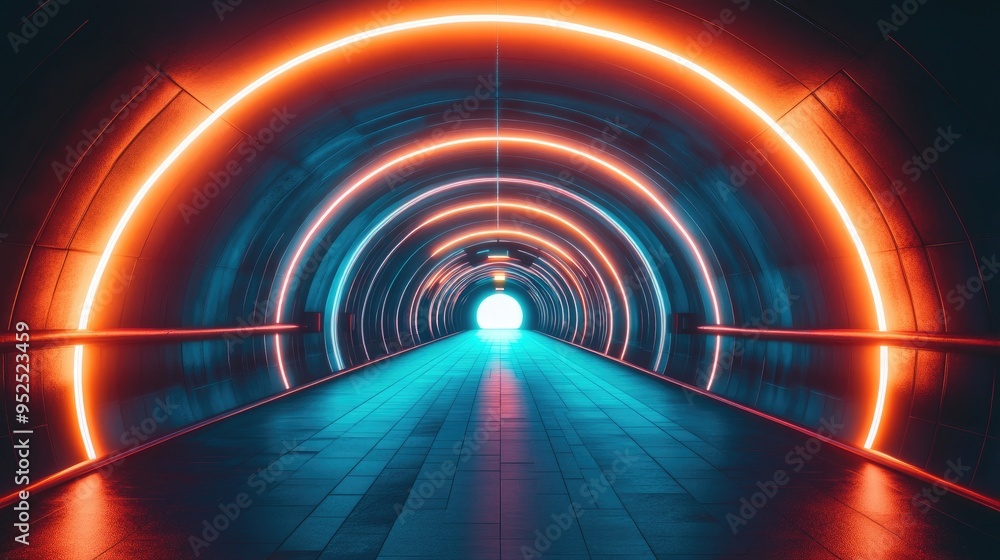 Tunnel illuminated with blue and orange neon lights, gradually leading to a bright white light at the far end Tunnel illuminated with blue and orange neon lights, gradually leading to a bright white light at the far end