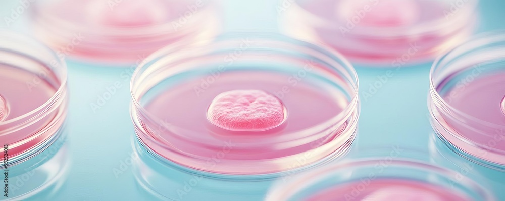 Close-up of stem cells growing in a petri dish, cell differentiation, biomedical research Close-up of stem cells growing in a petri dish, cell differentiation, biomedical research