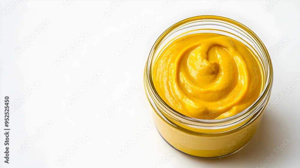Classic Yellow Mustard in a Vibrant Glass Jar on a Pristine White Background Classic Yellow Mustard in a Vibrant Glass Jar on a Pristine White Background