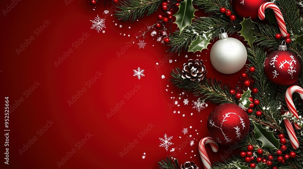 Holiday decorations featuring red and white ornaments, candy canes, and pine on a vibrant red background in a festive arrangement Holiday decorations featuring red and white ornaments, candy canes, and pine on a vibrant red background in a festive arrangement