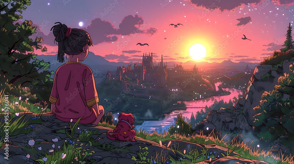 Fototapeta premium A cartoon of a girl and her dog sitting on the steps of a majestic fantasy castle, overlooking a mystical kingdom with dragons flying in the distance,