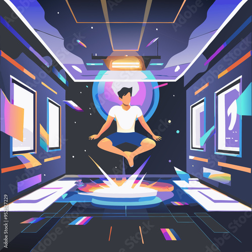 Yogi floating in meditation in the metaverse with a serene mood