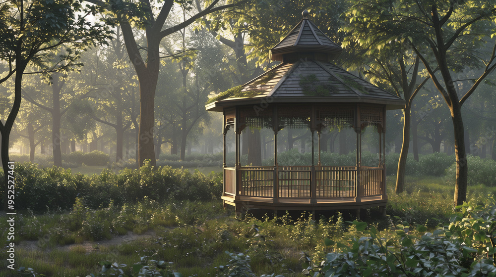 A serene wooden gazebo surrounded by lush greenery in a sunlit forest, providing a tranquil and picturesque setting. A serene wooden gazebo surrounded by lush greenery in a sunlit forest, providing a tranquil and picturesque setting.
