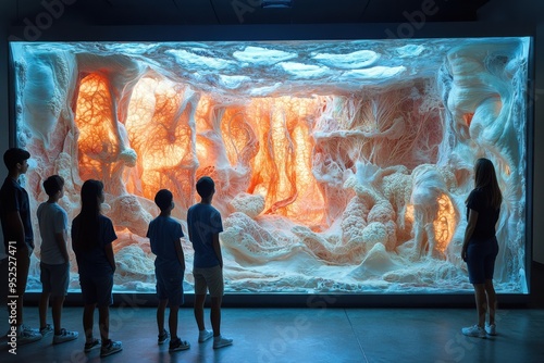 Students as tiny explorers navigating a giant anatomy model. Dramatic medical imaging lighting. Surreal biological landscape.   photo